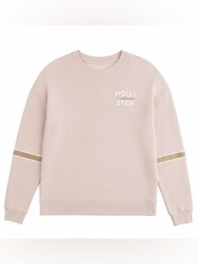Hollister Men's Crewneck Sweatshirt in Pale Pink with Gold Sleeve Stripes